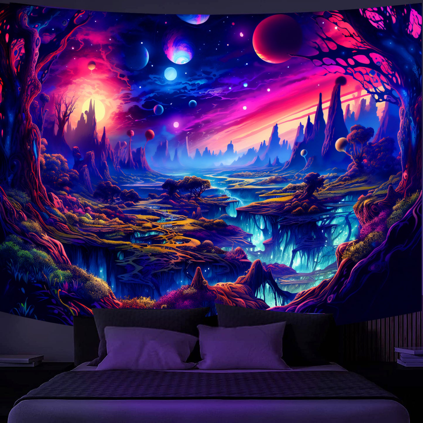 Simpkeely Fantasy Planet Tapestry Blacklight Landscape UV Reactive Galaxy Glowing Tapestries Wall Hanging