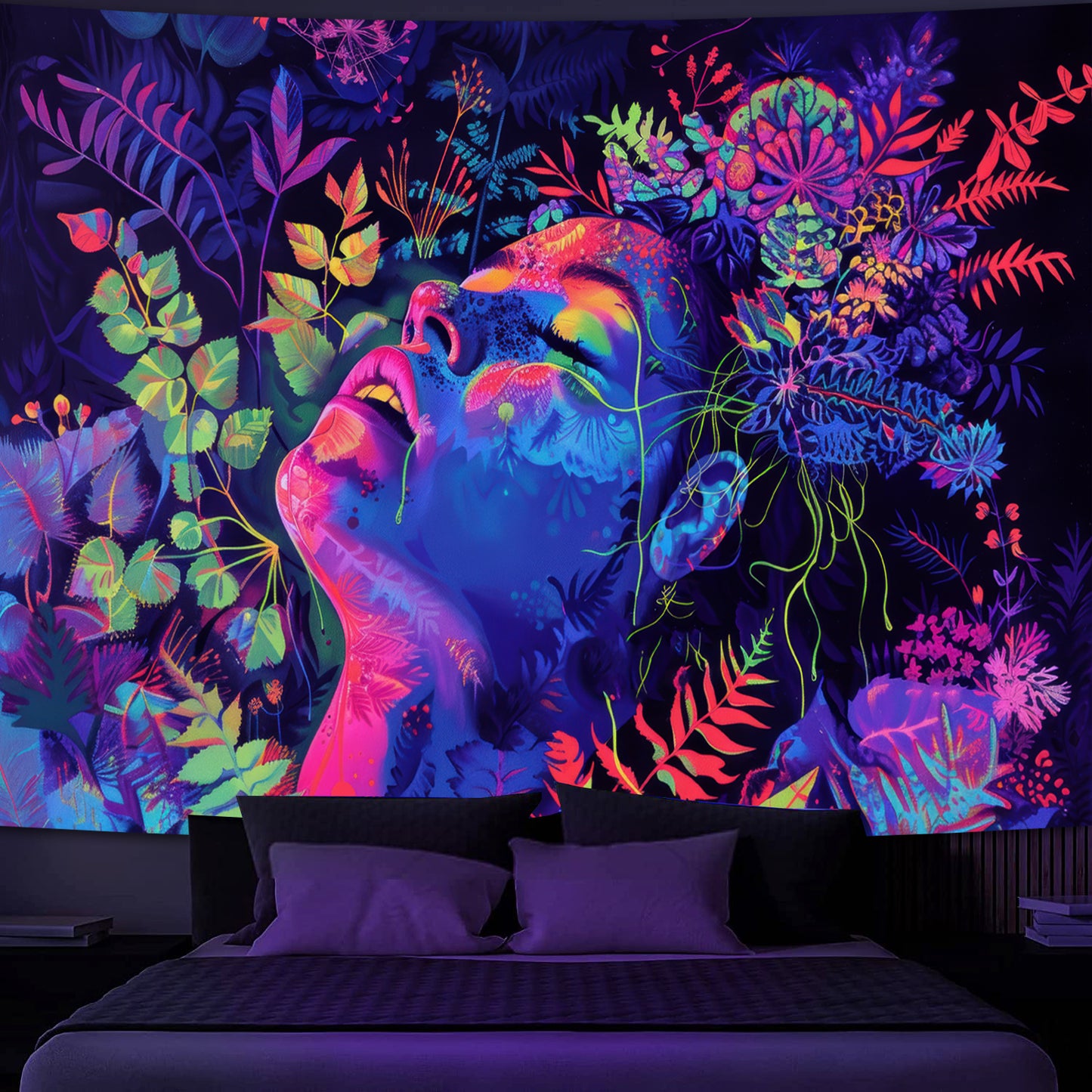 Simkeely Blacklight Botanical Goddess Tapestry, UV Reactive Floral Woman Wall Hanging, Neon Glow in the Dark Nature Art for Bedroom, Living Room, Meditation Space