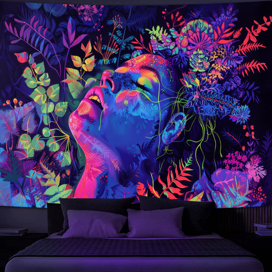 Simkeely Blacklight Botanical Goddess Tapestry, UV Reactive Floral Woman Wall Hanging, Neon Glow in the Dark Nature Art for Bedroom, Living Room, Meditation Space