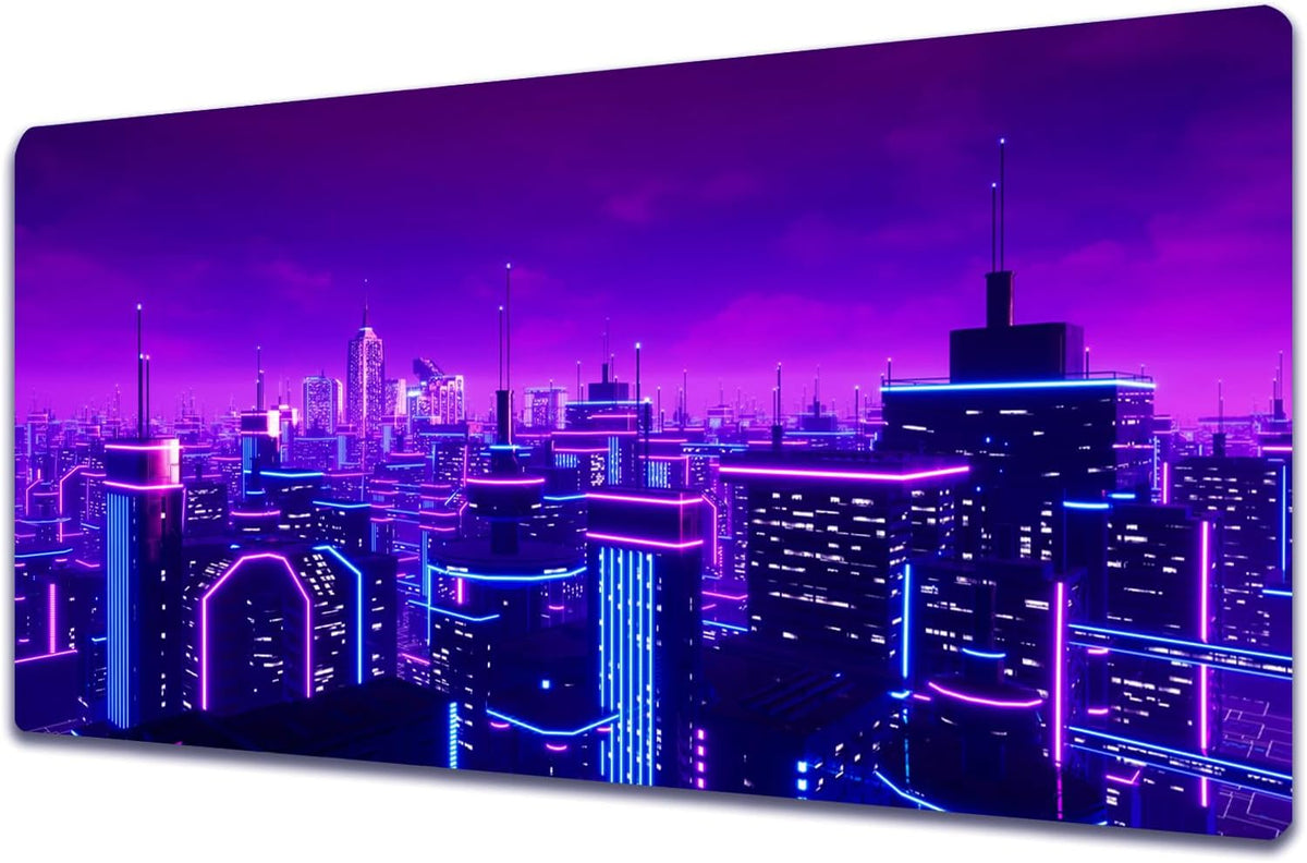 Simpkeely Gaming Mouse Pad, Blacklight Metaverse City 3D Cyberpunk Extended Large Desk Pad, UV Reactive Long Computer Keyboard Big Mouse Mat with 3mm Non-Slip Rubber Base for Office Home