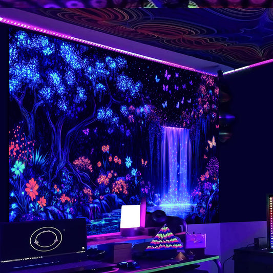 Simpkeely Blacklight Waterfall Tapestry - UV Reactive Glow in The Dark Enchanted Forest Wall Hanging, Neon Butterfly & Floral Wonderland Nature Decor for Bedroom & Living Room