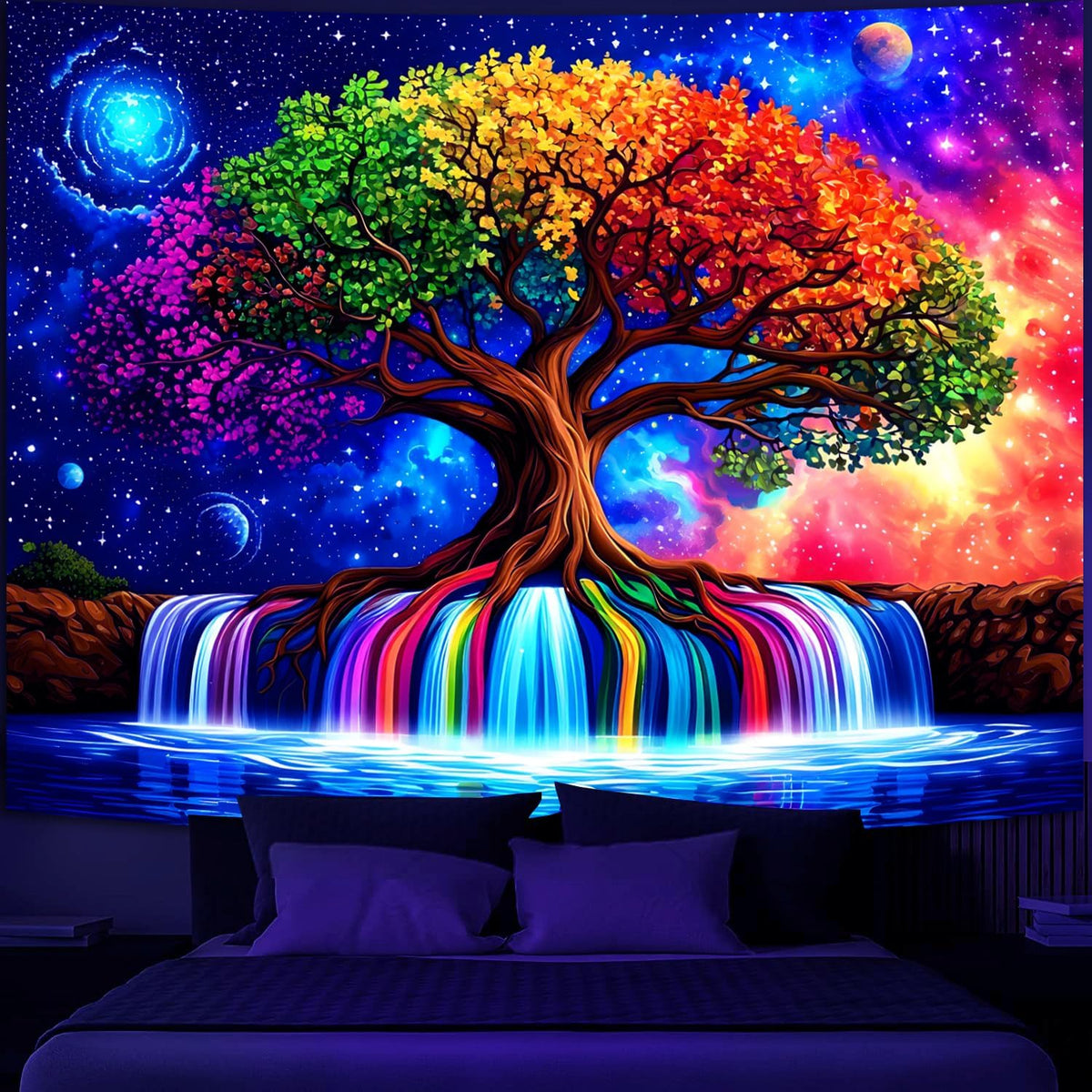 Simpkeely Blacklight Tree of Life Tapestry – UV Reactive Fantasy Colorful Rainbow Waterfall Wall Hanging, Glow in the Dark Galaxy Nature Poster for Bedroom, Living Room, Dorm