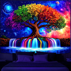 Simpkeely Blacklight Tree of Life Tapestry – UV Reactive Fantasy Colorful Rainbow Waterfall Wall Hanging, Glow in the Dark Galaxy Nature Poster for Bedroom, Living Room, Dorm