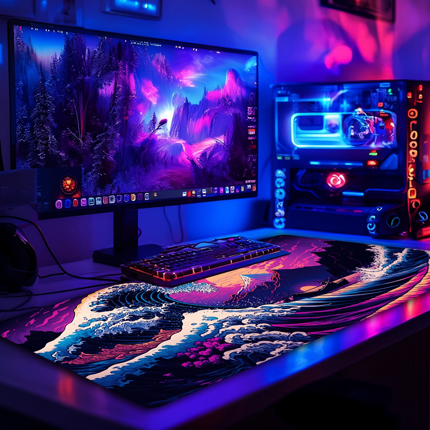 Simpkeely Large Japanese Sea Wave Gaming Mouse Pad - Blacklight Kanagawa Waterproof Desk Mat, Extended Non-Slip Rubber Base, Office & Home Computer Keyboard Pad