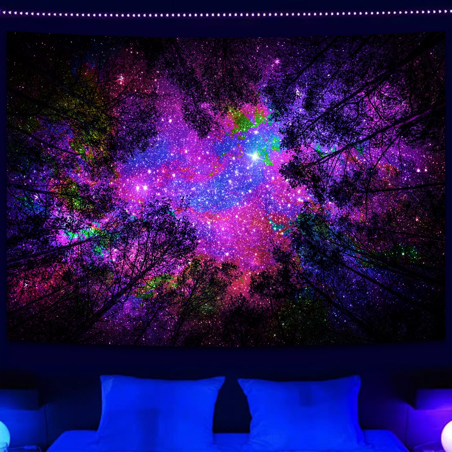Simpkeely Blacklight Starry Sky Tapestry, Fantasy Forest Space Galaxy Night Nature Scenery Wall Hanging Tapestry, Aesthetic Landscape Wall Art Tapestries for Bedroom, Living Room