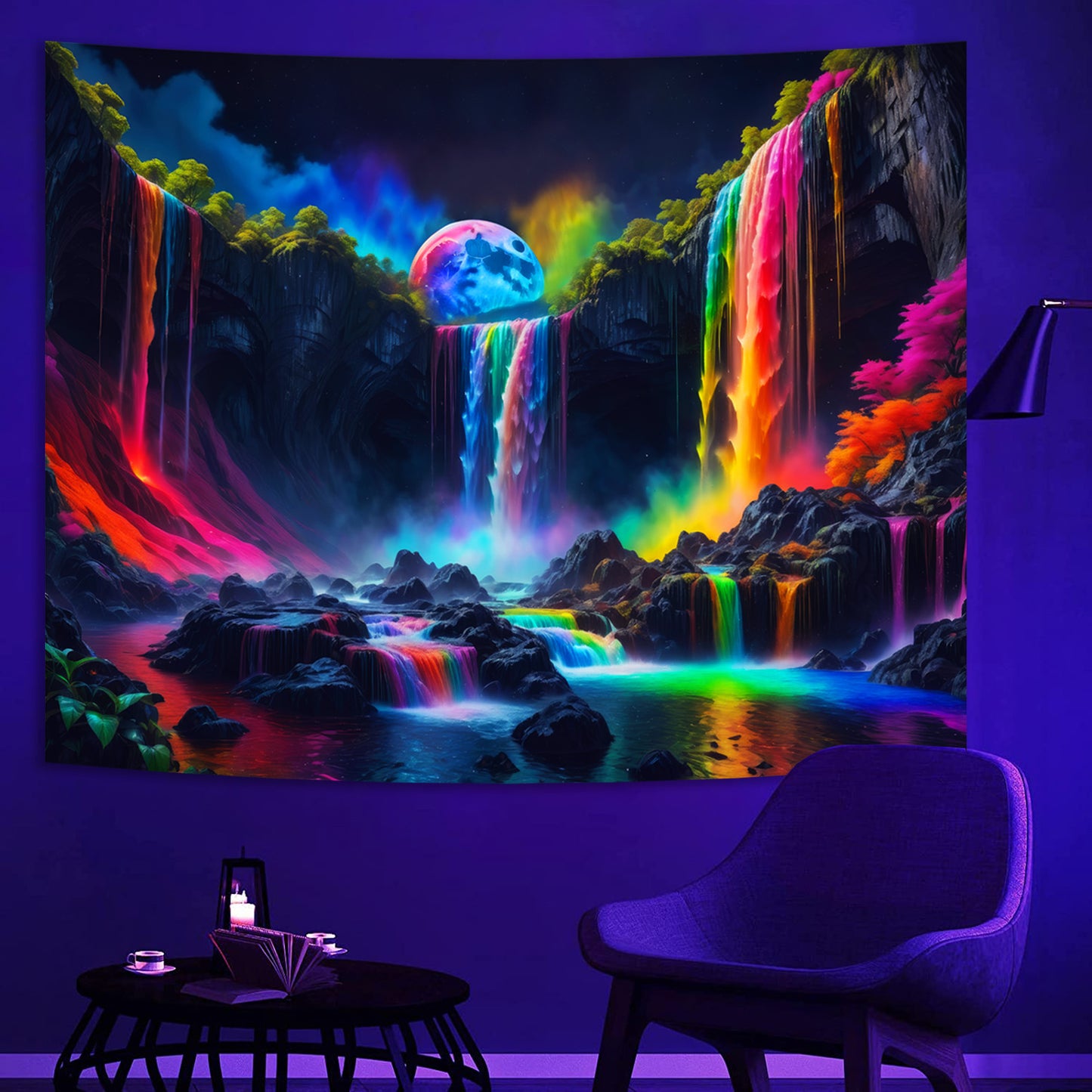 Simpkeely Blacklight Fantasy Waterfall Planet Tapestry UV Reactive Nature Neon Landscape Mountain Wave Tapestry Wall Hanging