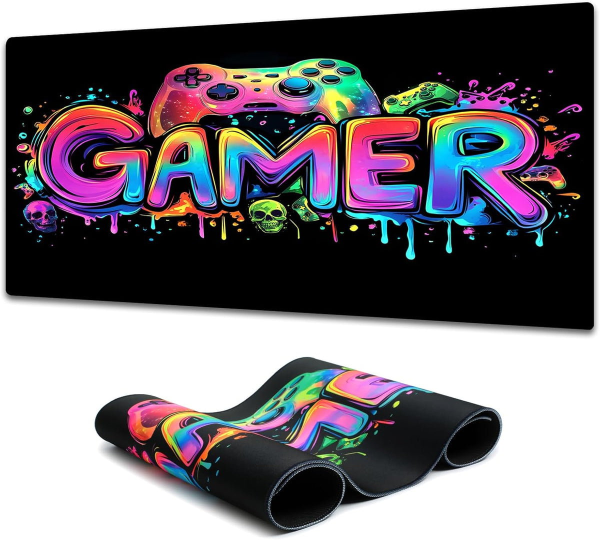 Simpkeely Gamer Gaming Mouse Pad, Blacklight Game Controller Horror Skull Waterproof Large Mouse Mat, 31.5" x 11.8" Skeleton Glowing Extended Non-Slip Rubber Base, Office & Home Keyboard Pad