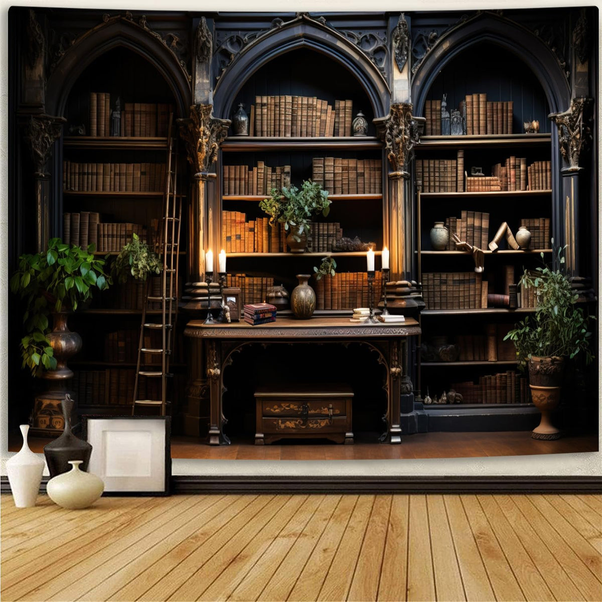 Simpkeely Gothic Bookshelf Tapestry Vintage Medieval Old Library Tapestries Student Book Office Bedroom Wall Art College Dorm Decor