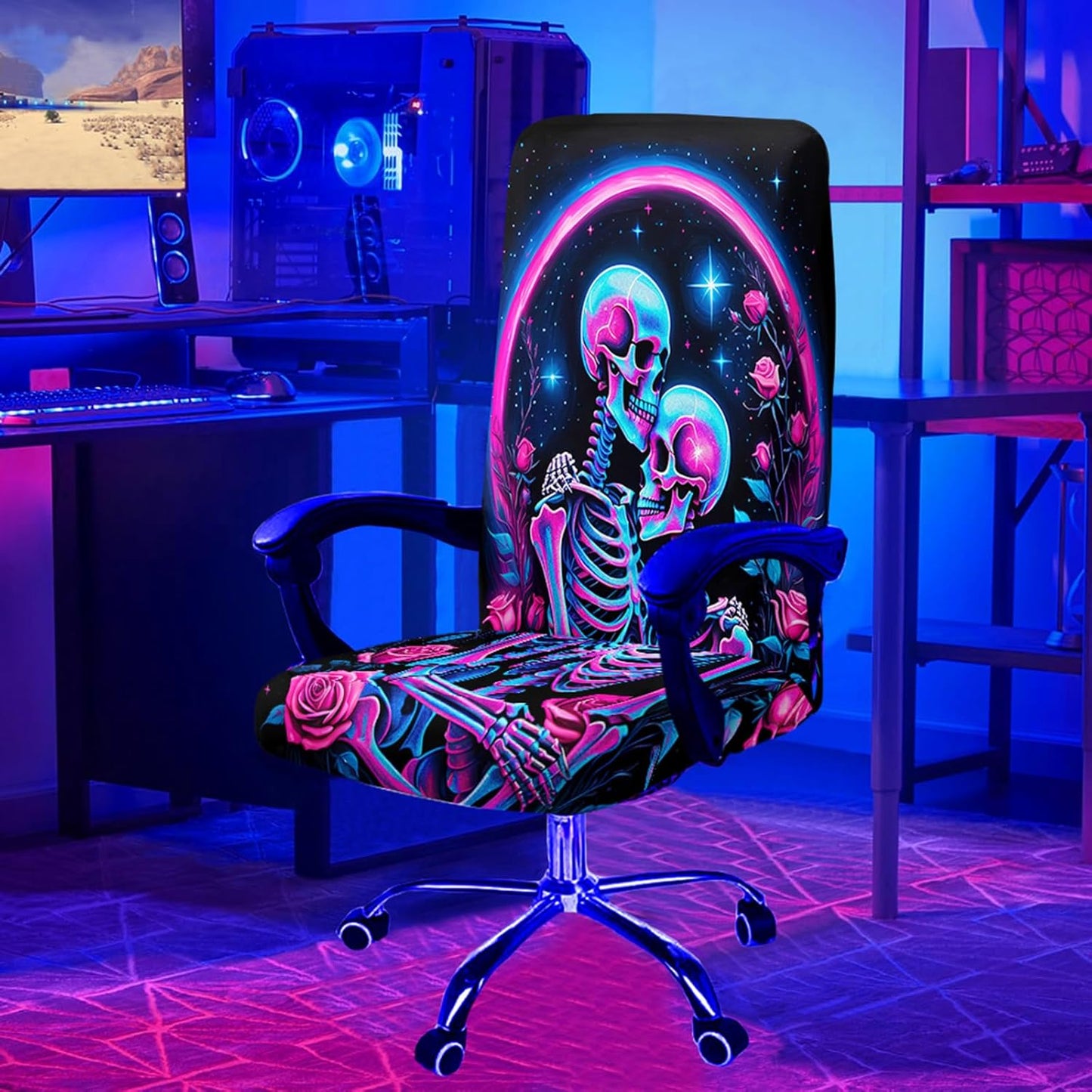 Simpkeely Blacklight Stretch Printed Computer Office Chair Covers, UV Reactive Celestial Universe Universal Desk Rotating Chair Slipcovers, Glow in The Dark Chair Protector Cover with Zipper