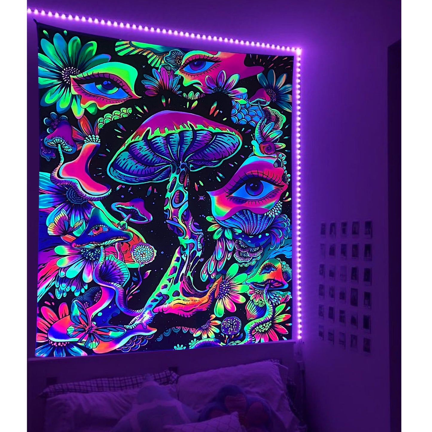 Simpkeely Blacklight Mushroom Tapestry, Floral Eyes Tapestry UV Reactive Neon Tapestries Posters Glow in the Dark Party Backdrop for Bedroom Dorm Living Room