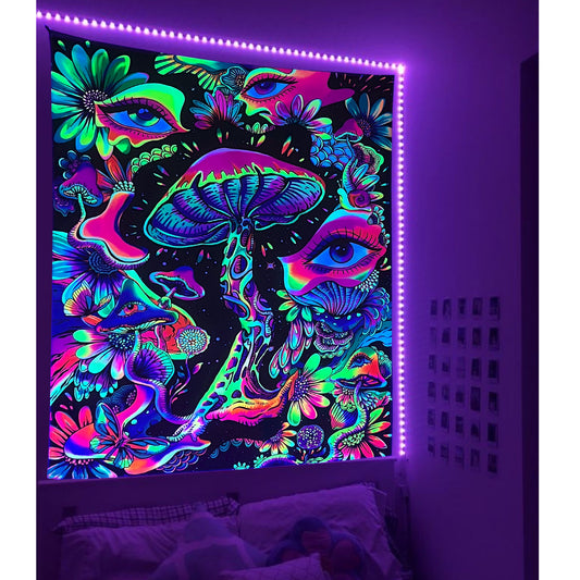 Simpkeely Blacklight Mushroom Tapestry, Floral Eyes Tapestry UV Reactive Neon Tapestries Posters Glow in the Dark Party Backdrop for Bedroom Dorm Living Room
