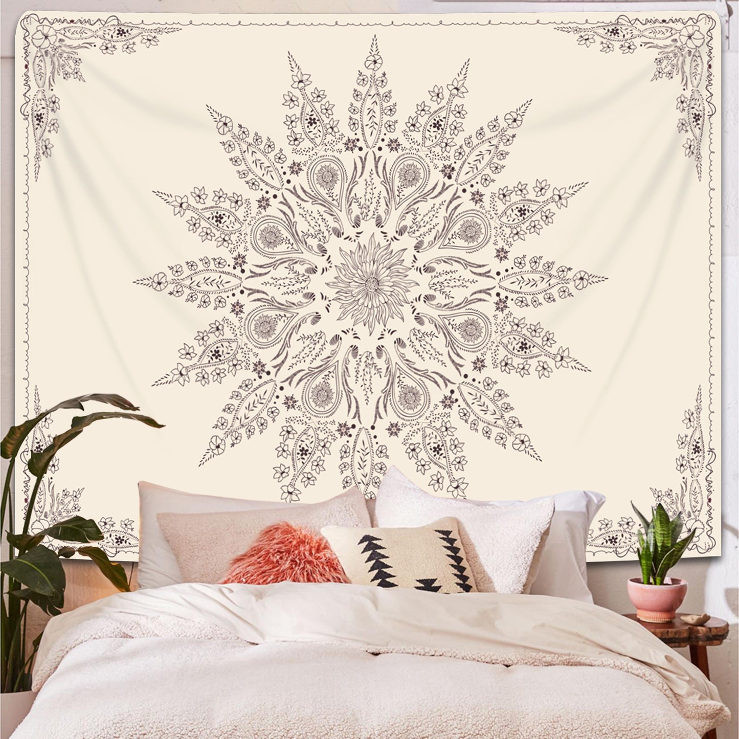 Simpkeely Mandala Floral Tapestry, Aesthetic Flower Bohemian Wall Hanging Decor, Medallion Boho Art Print Tapestries for Bedroom, Living Room