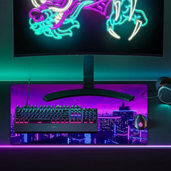 Simpkeely Gaming Mouse Pad, Blacklight Metaverse City 3D Cyberpunk Extended Large Desk Pad, UV Reactive Long Computer Keyboard Big Mouse Mat with 3mm Non-Slip Rubber Base for Office Home