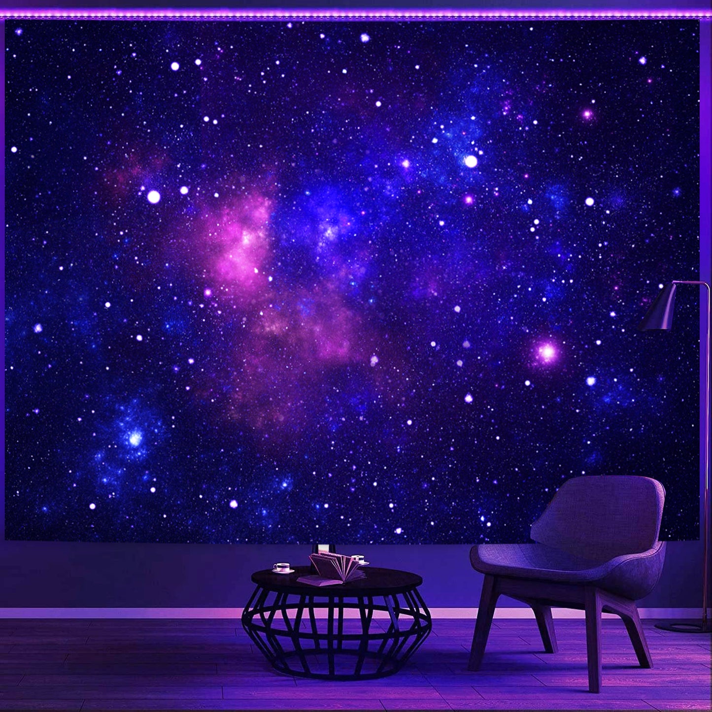 Simpkeely Blacklight Galaxy Tapestry, Blue Space Starry Sky Night Universe Wall Hanging, UV Reactive Glow in the Dark Purple Party Backdrop Aesthetic Tapestry for Bedroom