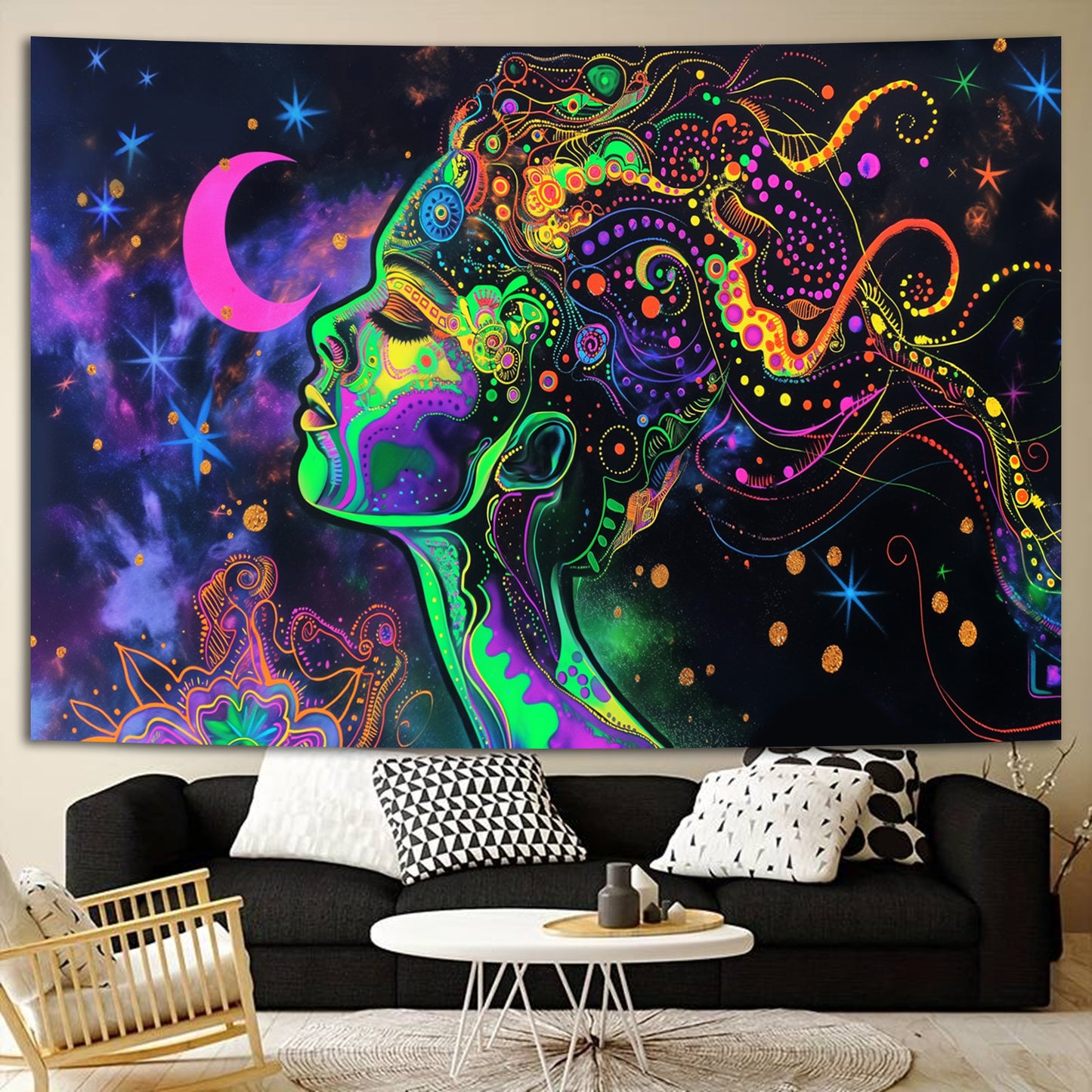 Simpkeely Blacklight Celestial Goddess Tapestry - UV Reactive Abstract Art Woman Wall Hanging, Neon Glow in the Dark Galaxy Art for Bedroom, Living Room