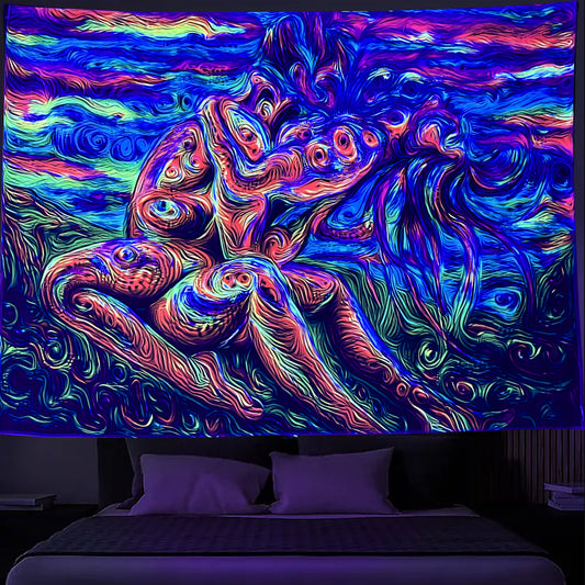 Simpkeely Blacklight Lover Tapestry, Colorful Trippy Abstract Line Art of Love Kiss UV Reactive Neon Tapestries, Hippie Woman Glow in the Dark Wall Hanging Home Décor for Bedroom