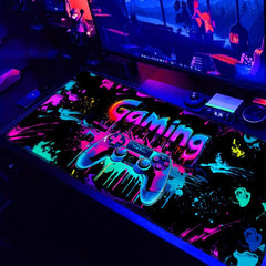Simpkeely Gaming Mouse Pad, X-Large Waterproof Blacklight Colorful Splatter Art Game Controller Non-Slip Rubber Base Mousemat, Glow in The Dark Desk Mat for Office Home - 31.5" x 11.8"