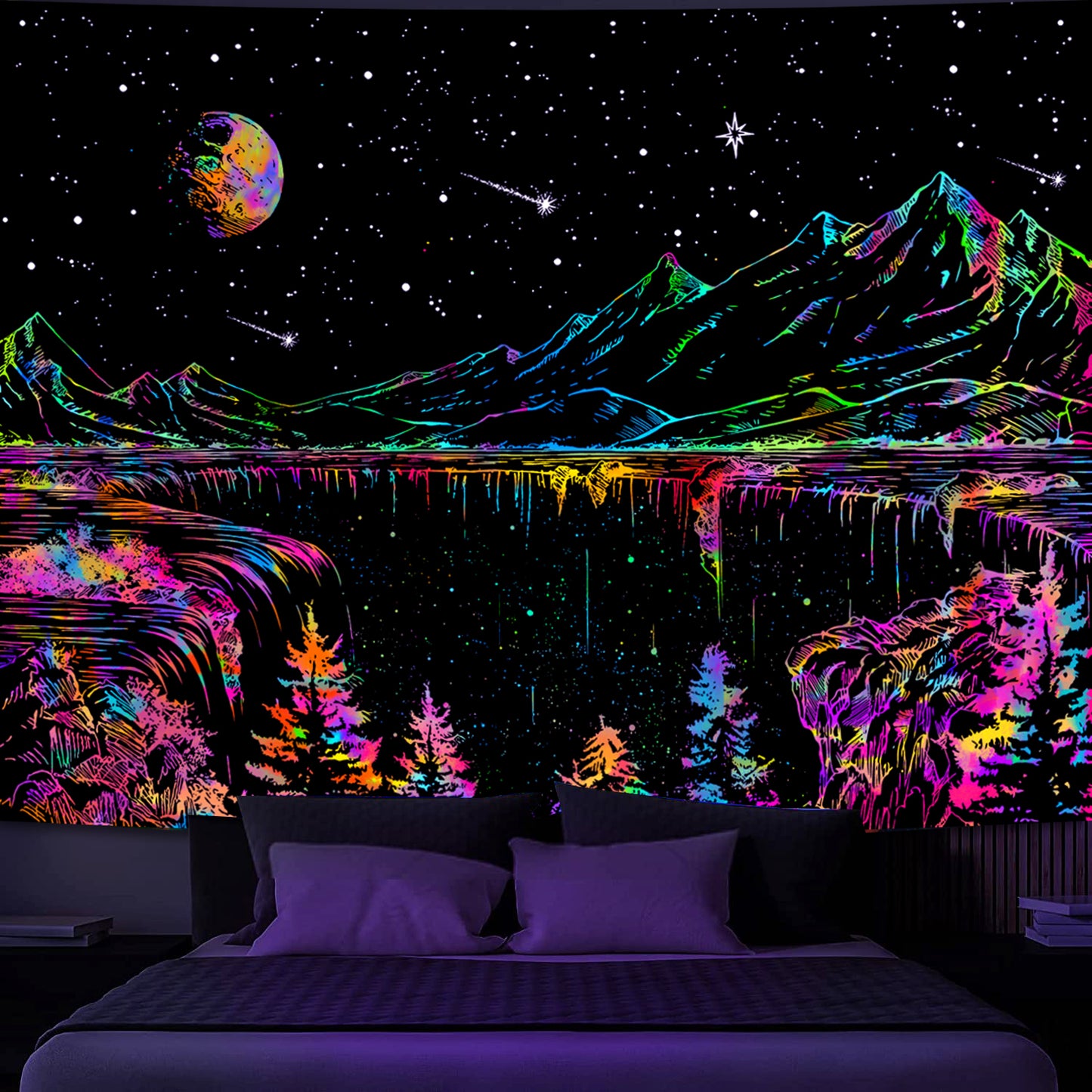 Simpkeely Blacklight Mountain Tapestry, Galaxy Meteor Aesthetic UV Reactive Tapestries, Forest Moon and Stars Starry Night Glow in The Dark Wall Hanging Tapestry for Bedroom, Living Room