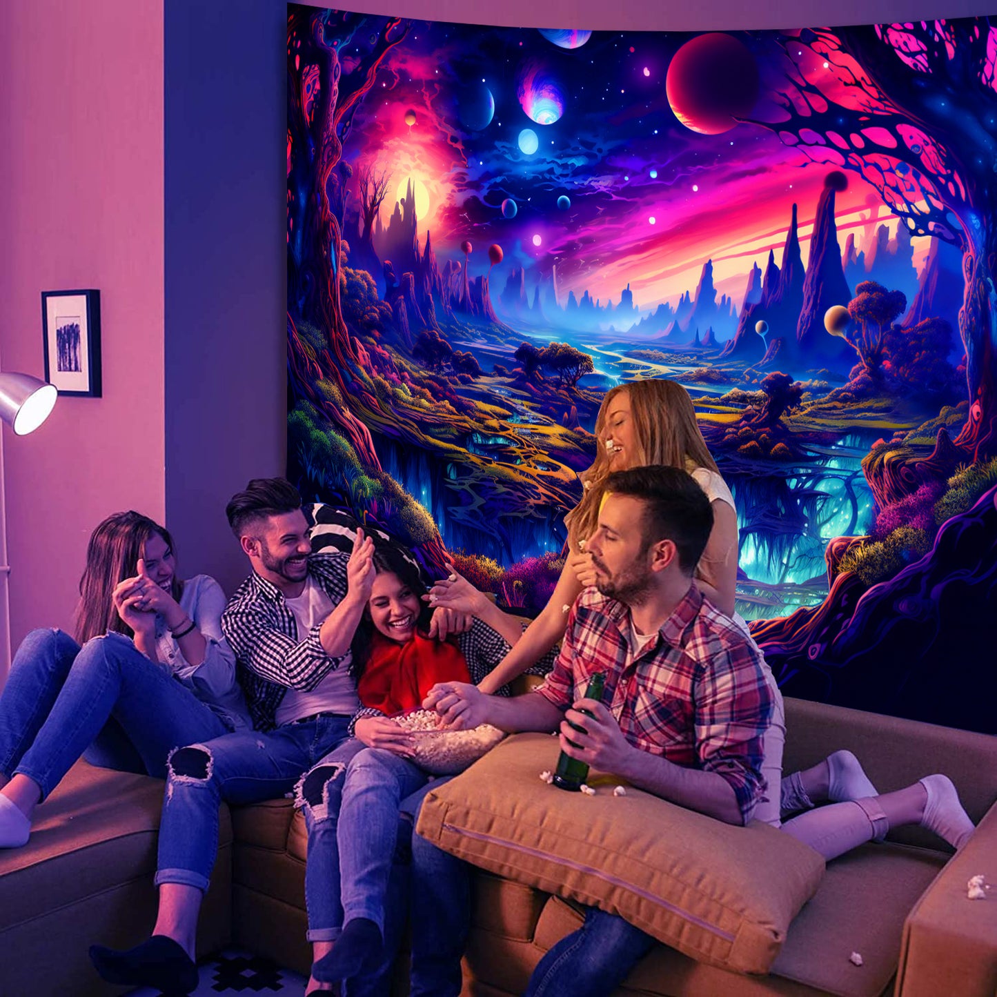 Simpkeely Fantasy Planet Tapestry Blacklight Landscape UV Reactive Galaxy Glowing Tapestries Wall Hanging