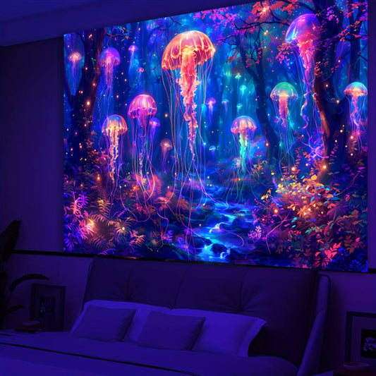 Simpkeely Blacklight Jellyfish Forest Tapestry, UV Reactive Fantasy Vibrant Neon Art Decor, Glow in the Dark Aquatic Life Wall Hanging Tapestries for Bedroom, Living Room
