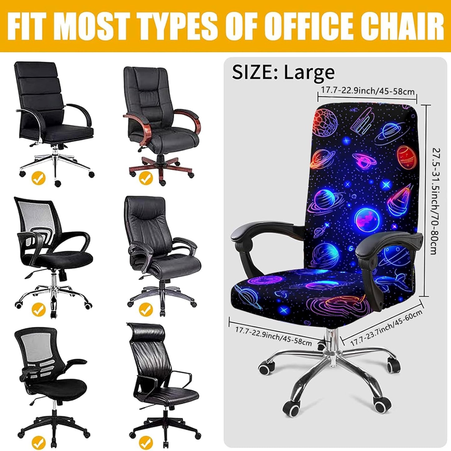 Simpkeely Blacklight Stretch Printed Computer Office Chair Covers, UV Reactive Celestial Universe Universal Desk Rotating Chair Slipcovers, Glow in The Dark Chair Protector Cover with Zipper
