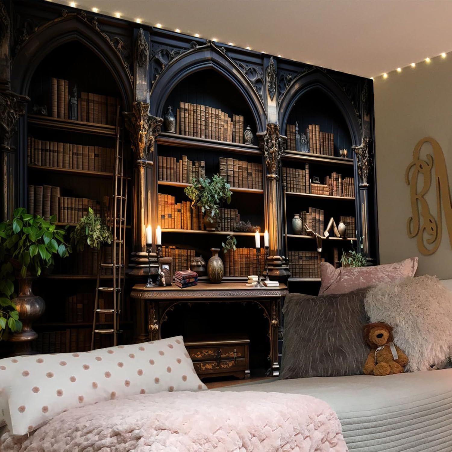 Simpkeely Gothic Bookshelf Tapestry Vintage Medieval Old Library Tapestries Student Book Office Bedroom Wall Art College Dorm Decor