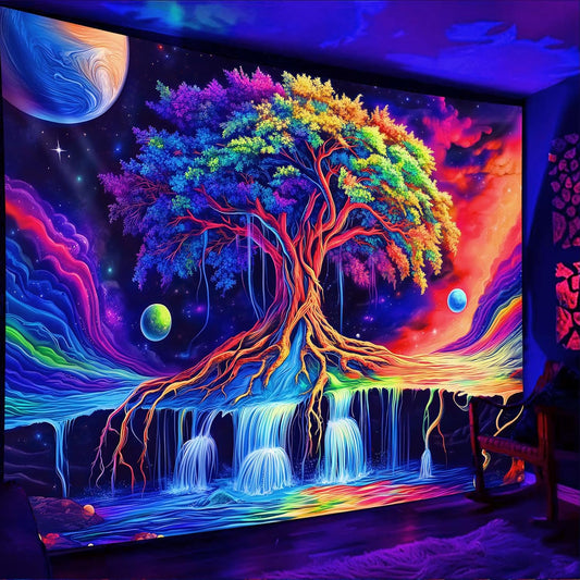 Simpkeely Tree of Life Blacklight Tapestry UV Reactive Colorful Waterfall Tapestry Galaxy Space Planet Cloud Vintage Wall Tapestries Hanging for Bedroom - 59.1" L x 51.2" W