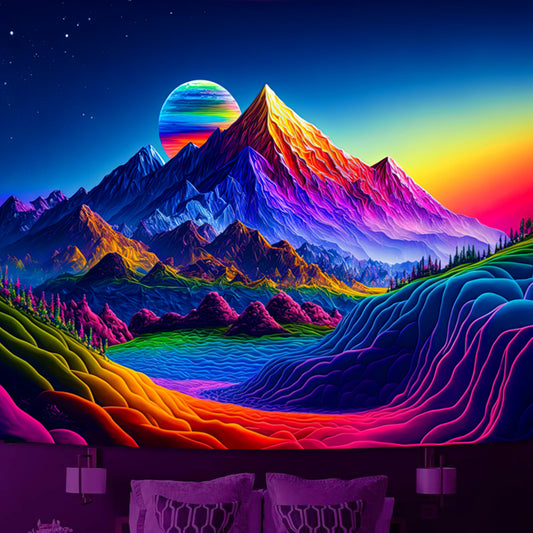 Simpkeely Sunset Mountain Tapestry, Blacklight Colorful Forest Lake UV Reactive Tapestry, Neon Glow in The Dark Starry Stars Nature Landscape Wall Hanging Tapestries for Bedroom