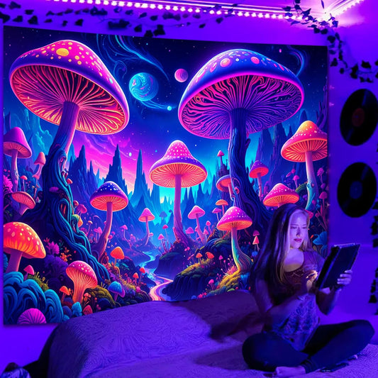 Simpkeely Blacklight Fantasy Mushroom Forest Tapestry – UV Reactive Glow in the Dark Galaxy Mushroom Art Decor Wall Hanging Tapestries for Bedroom, Living Room, Party