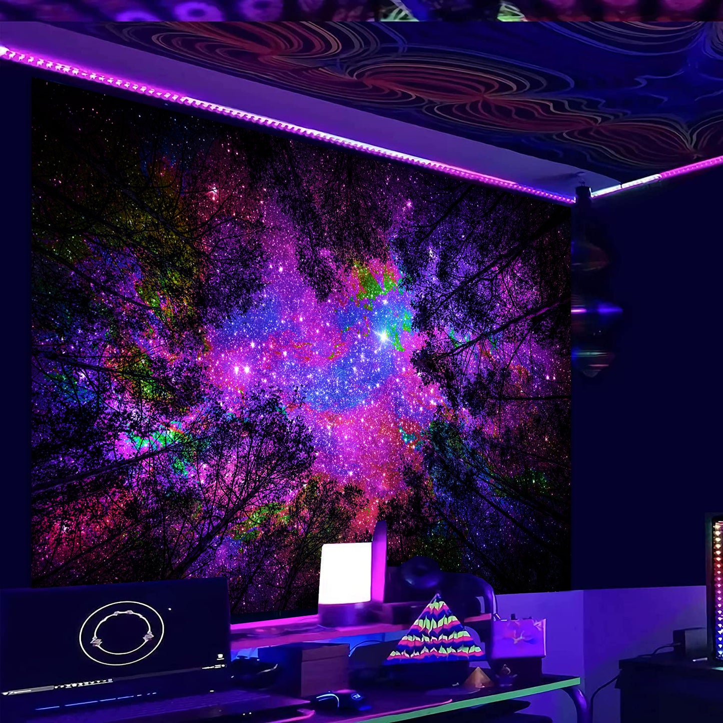 Simpkeely Blacklight Starry Sky Tapestry, Fantasy Forest Space Galaxy Night Nature Scenery Wall Hanging Tapestry, Aesthetic Landscape Wall Art Tapestries for Bedroom, Living Room