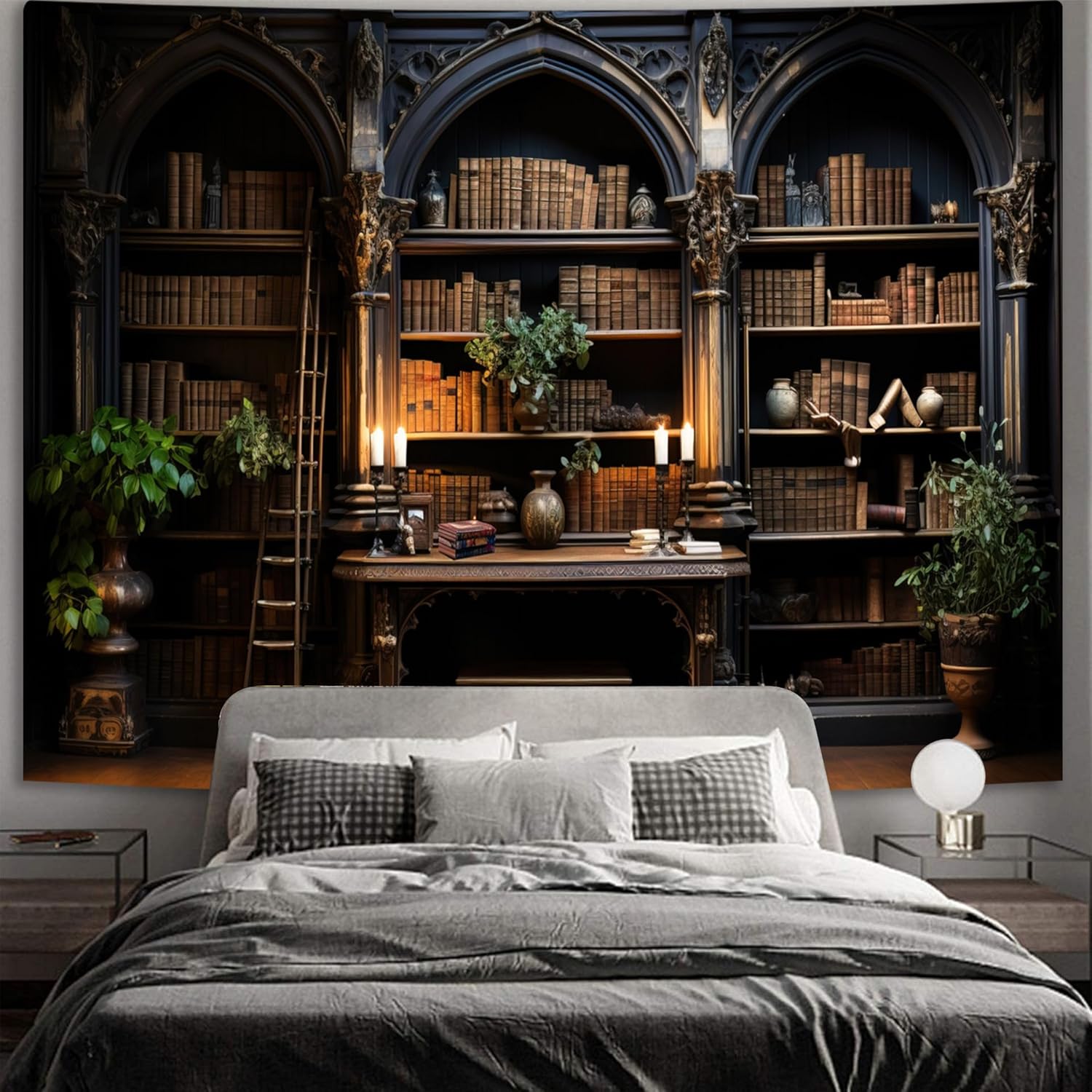 Simpkeely Gothic Bookshelf Tapestry Vintage Medieval Old Library Tapestries Student Book Office Bedroom Wall Art College Dorm Decor