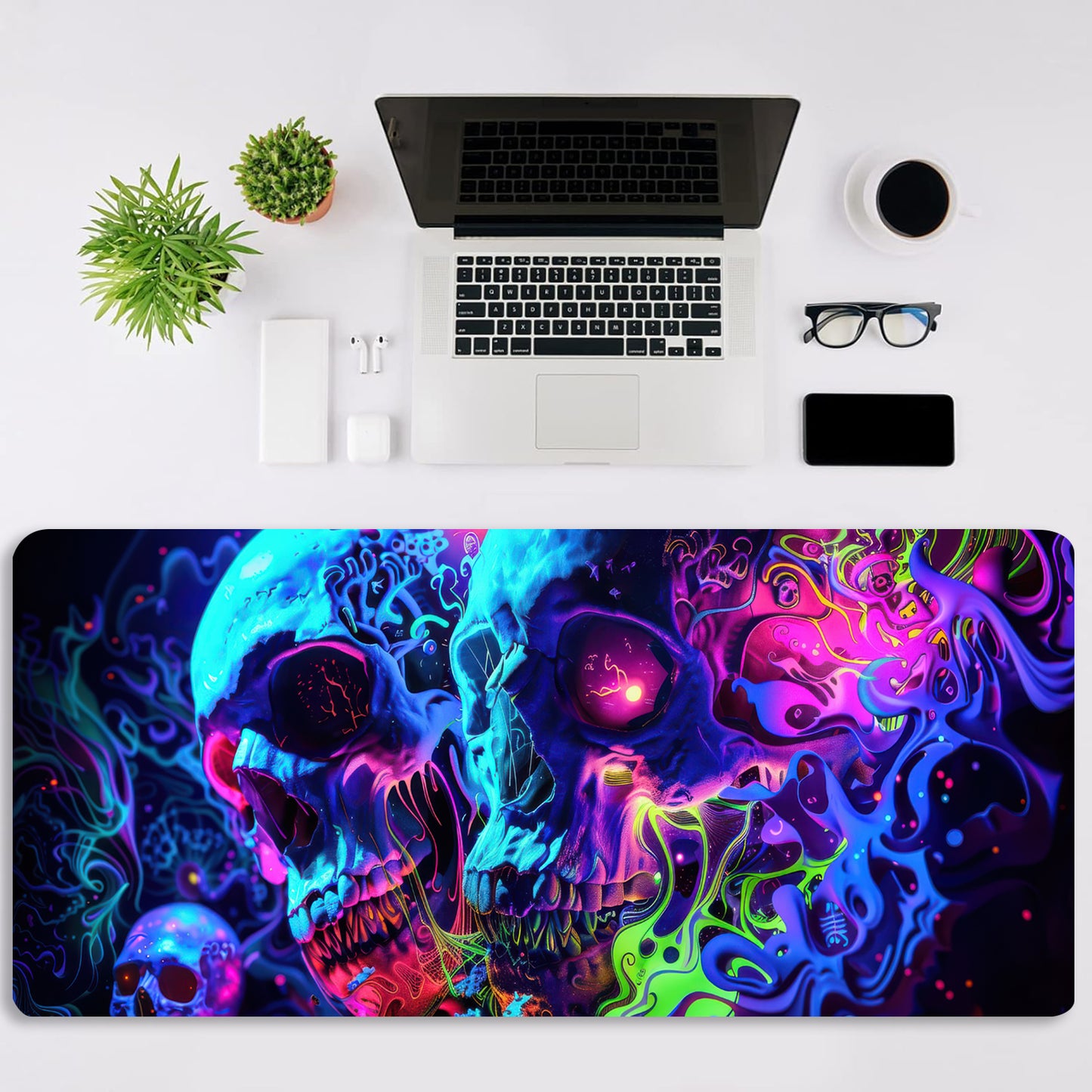 Simpkeely Horror Skull Mouse Pad, Large Waterproof Blacklight Colorful Skeleton Neon Gaming Non-Slip Rubber Base Mousemat, Glow in The Dark Abstract Desk Mat for Office Home