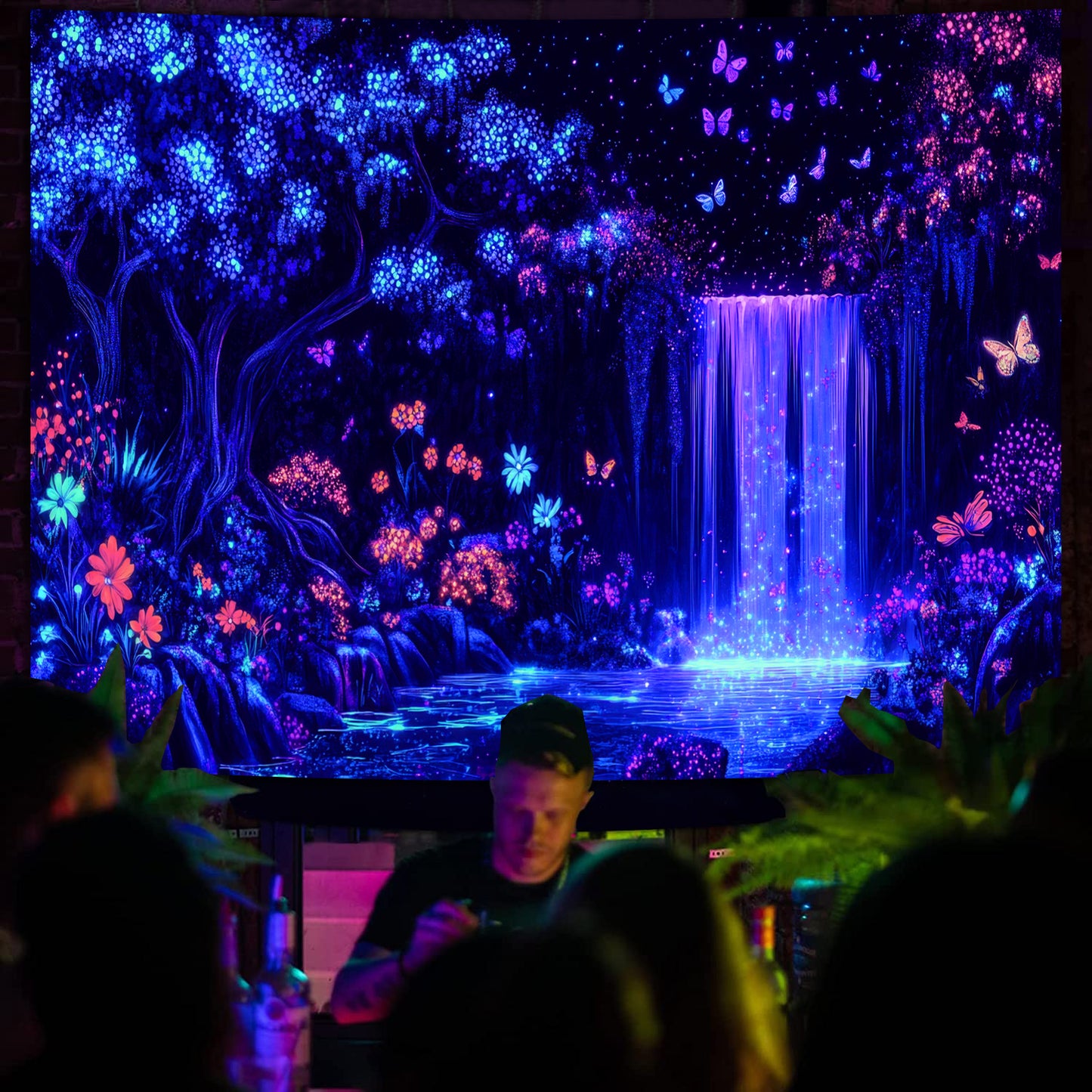Simpkeely Blacklight Waterfall Tapestry - UV Reactive Glow in The Dark Enchanted Forest Wall Hanging, Neon Butterfly & Floral Wonderland Nature Decor for Bedroom & Living Room