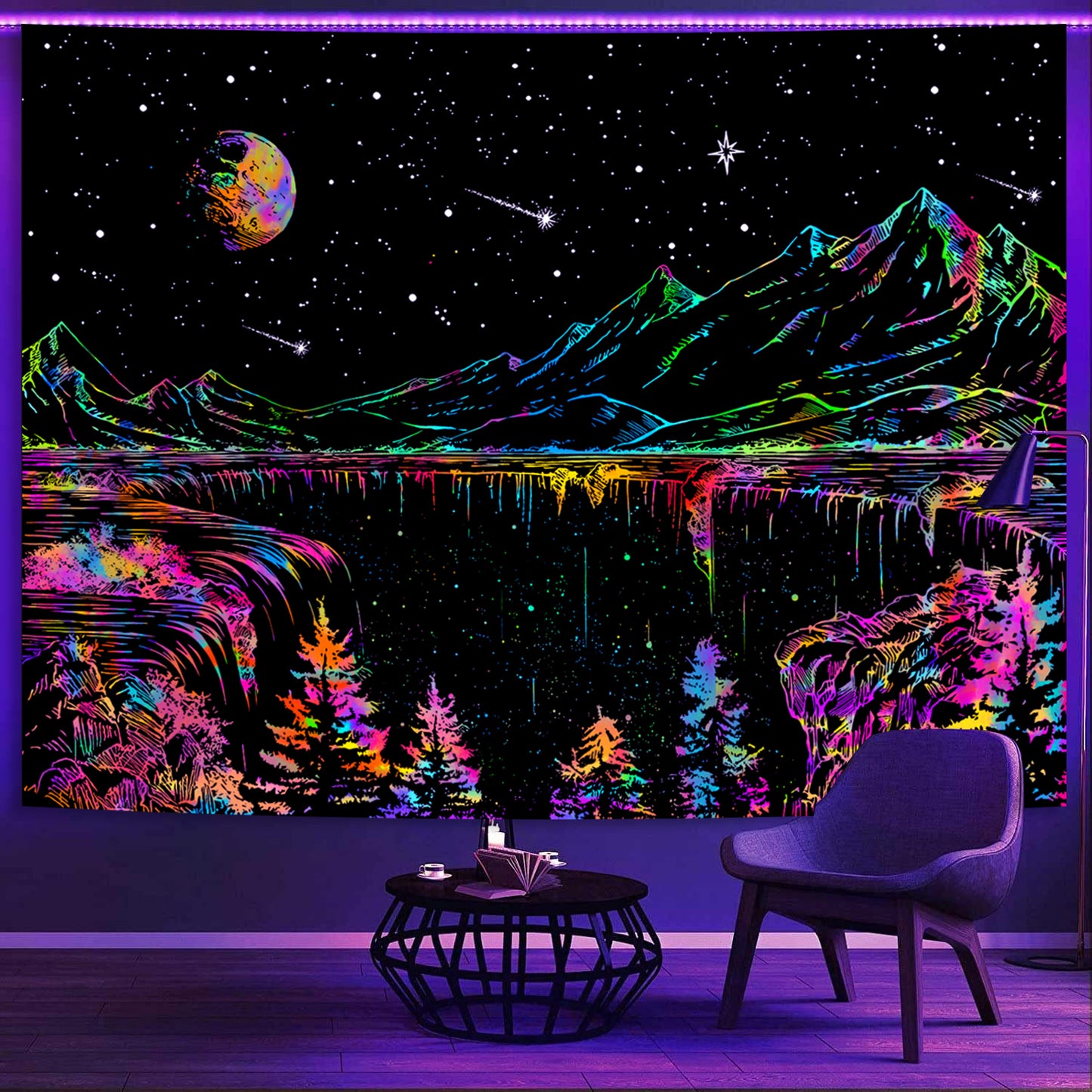 Simpkeely Blacklight Mountain Tapestry, Galaxy Meteor Aesthetic UV Reactive Tapestries, Forest Moon and Stars Starry Night Glow in The Dark Wall Hanging Tapestry for Bedroom, Living Room