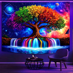 Simpkeely Blacklight Tree of Life Tapestry – UV Reactive Fantasy Colorful Rainbow Waterfall Wall Hanging, Glow in the Dark Galaxy Nature Poster for Bedroom, Living Room, Dorm