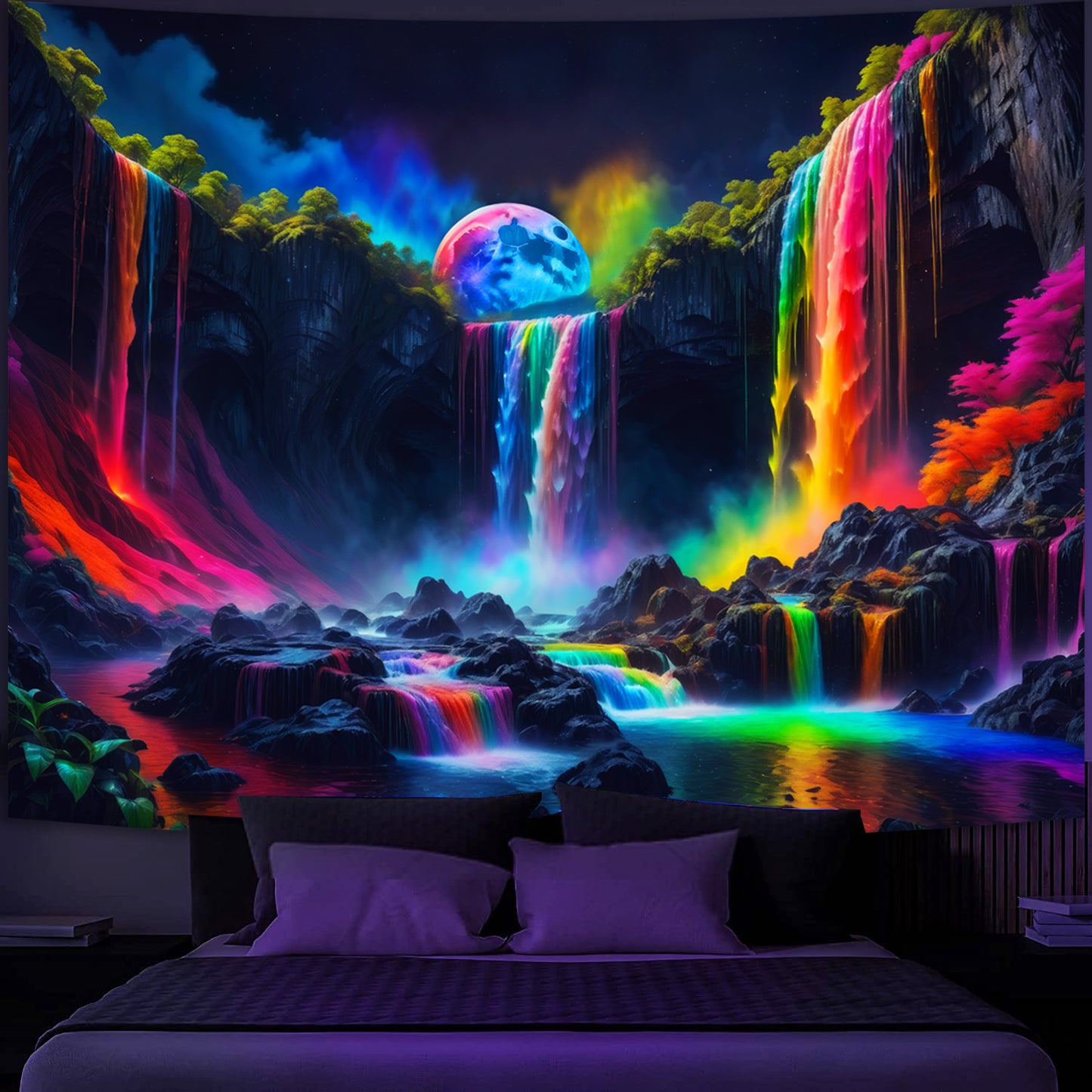 Simpkeely Blacklight Fantasy Waterfall Planet Tapestry UV Reactive Nature Neon Landscape Mountain Wave Tapestry Wall Hanging