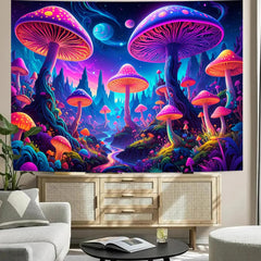 Simpkeely Blacklight Fantasy Mushroom Forest Tapestry – UV Reactive Glow in the Dark Galaxy Mushroom Art Decor Wall Hanging Tapestries for Bedroom, Living Room, Party