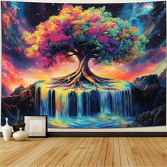 Simpkeely Tree of Life Blacklight Tapestry UV Reactive Colorful Waterfall Tapestry Galaxy Space Starry Sky Wall Tapestries Hanging for Bedroom - 59.1" L x 51.2" W