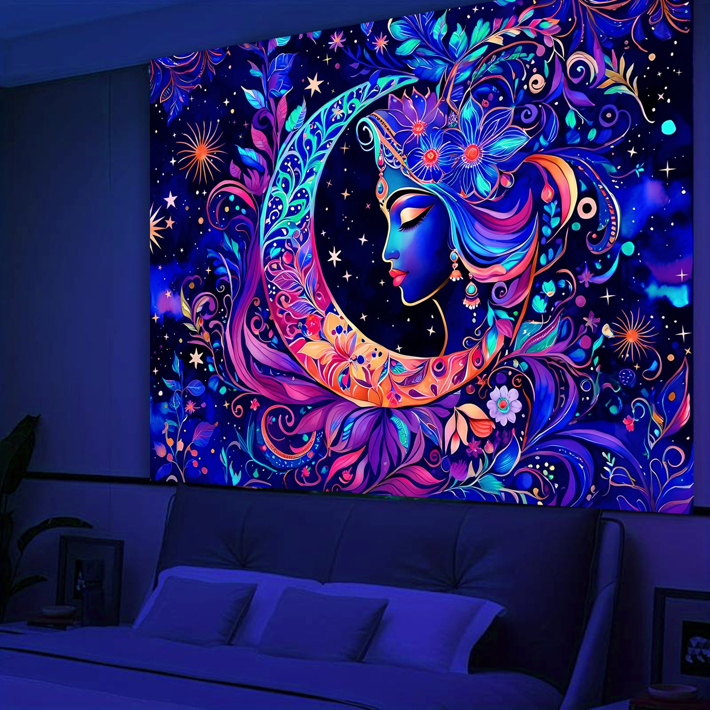 Simpkeely Blacklight Moon and Star Tapestry - Elegant Goddess UV Reactive Sun Mandala Wall Hanging, Colorful Boho Aesthetic Tapestry for Bedroom, Living Room