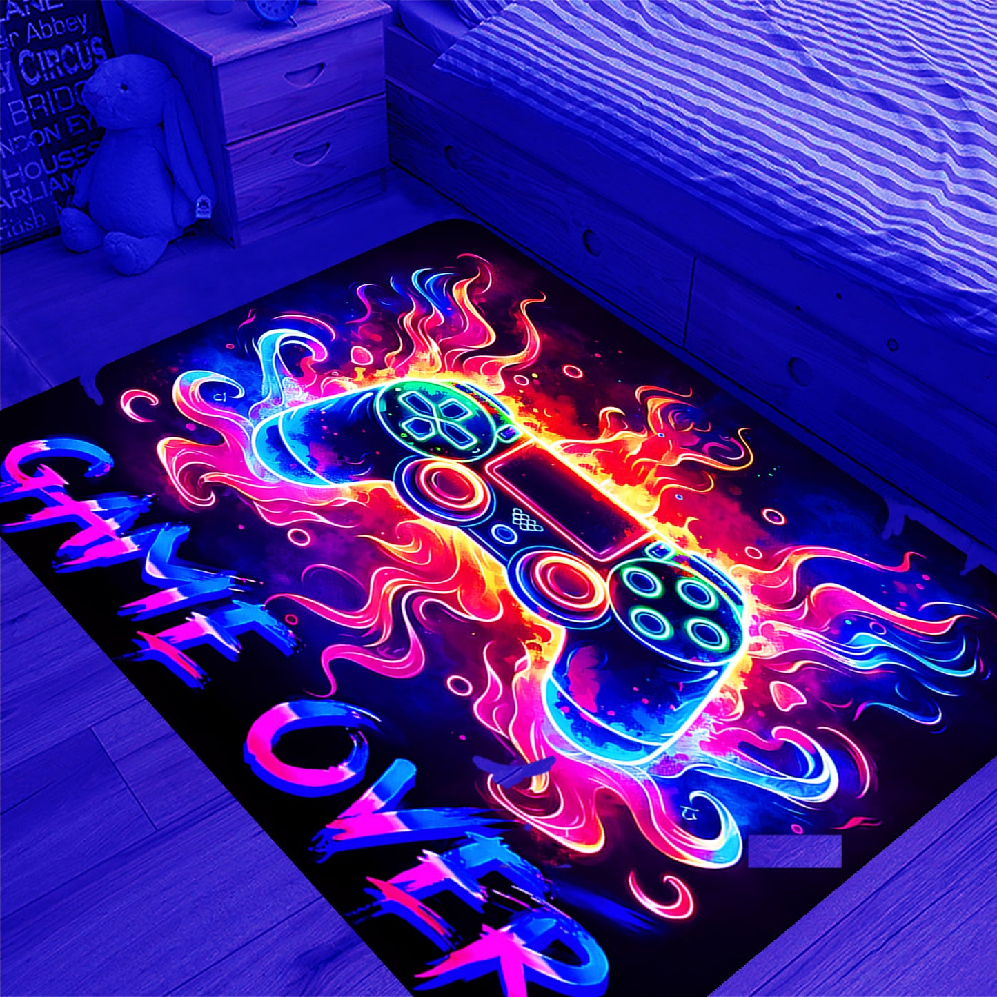 Simpkeely Neon Gaming Area Rug, Blacklight UV Reactive Game Controller Non-Slip Door Throw Rug Fluorescent Flannel Floor Mat Carpet, Glow in The Dark Play Mat for Bedroom, Playroom