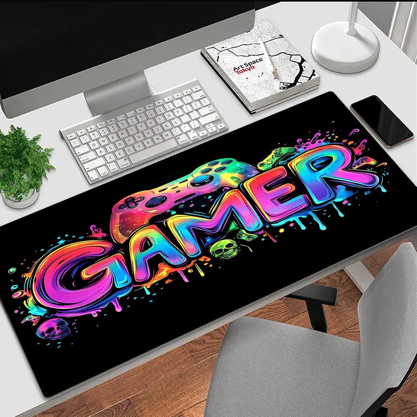 Simpkeely Gamer Gaming Mouse Pad, Blacklight Game Controller Horror Skull Waterproof Large Mouse Mat, 31.5" x 11.8" Skeleton Glowing Extended Non-Slip Rubber Base, Office & Home Keyboard Pad