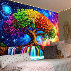 Simpkeely Blacklight Tree of Life Tapestry – UV Reactive Fantasy Colorful Rainbow Waterfall Wall Hanging, Glow in the Dark Galaxy Nature Poster for Bedroom, Living Room, Dorm