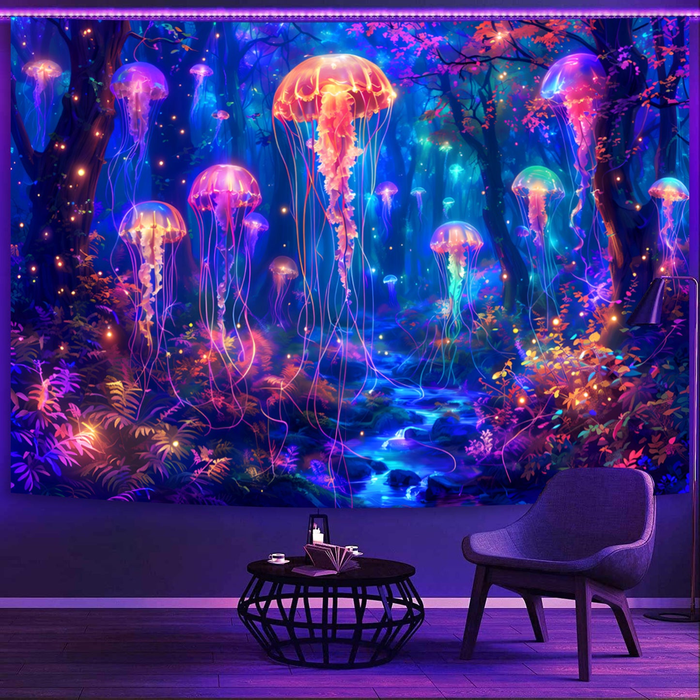Simpkeely Blacklight Jellyfish Forest Tapestry, UV Reactive Fantasy Vibrant Neon Art Decor, Glow in the Dark Aquatic Life Wall Hanging Tapestries for Bedroom, Living Room