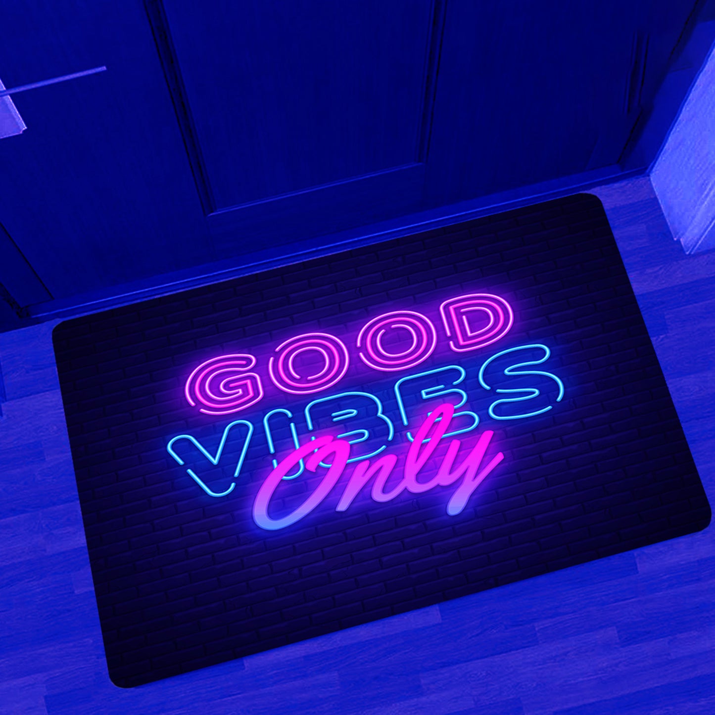 Simpkeely Neon Area Rug, Blacklight Good Vibes Only UV Reactive Non-Slip Door Throw Rug Fluorescent Flannel Floor Mat Carpet, Glow in The Dark Play Mat for Bedroom, Playroom