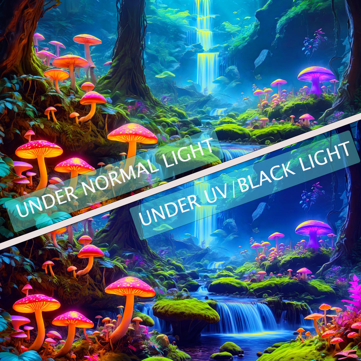 Simpkeely Magical Blacklight Forest Tapestry - UV Reactive Neon Mushroom Waterfall Fairy Landscape Glow in the Dark Wall Art for Bedroom, Dorm Decor