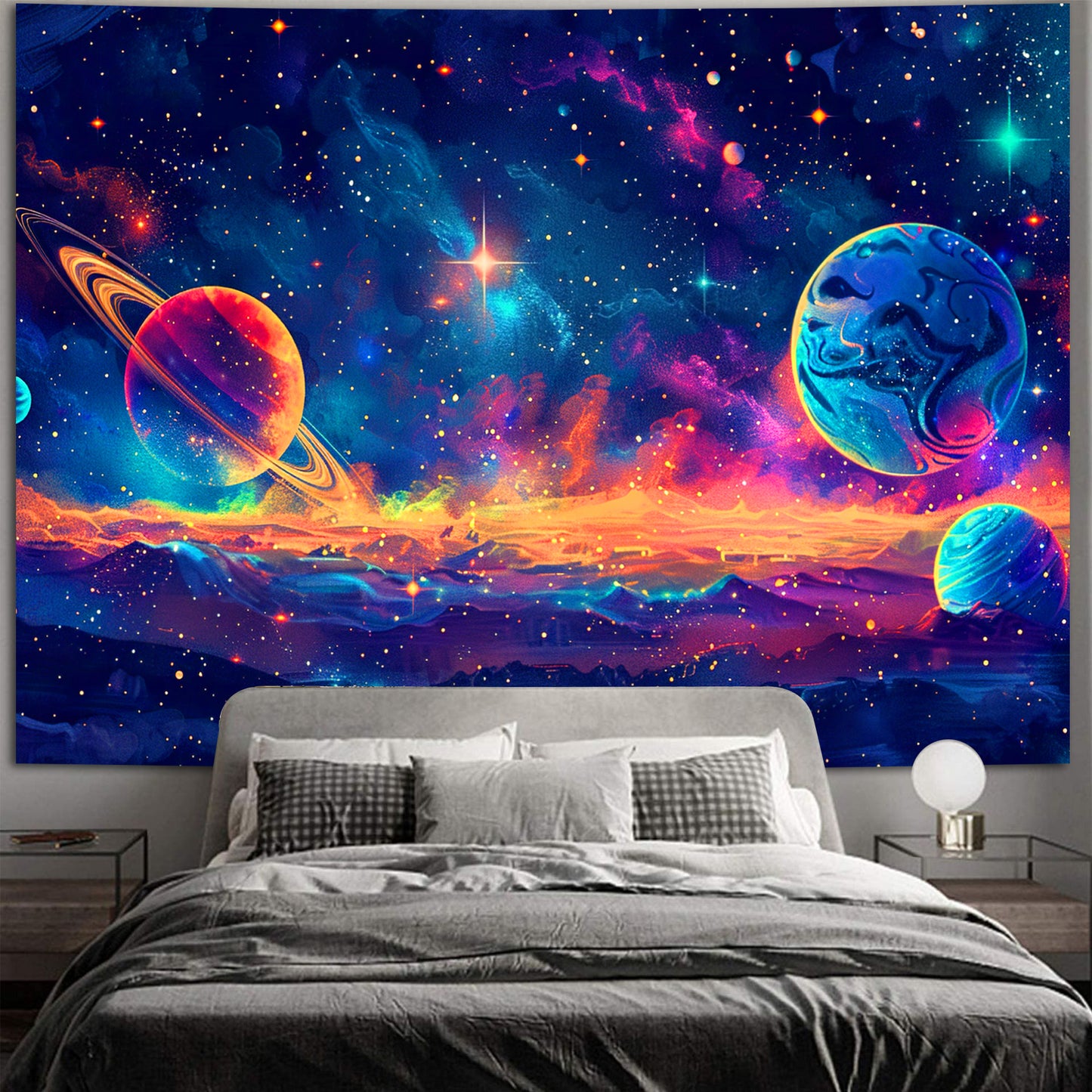 Simpkeely Blacklight Galaxy Tapestry, Vibrant Cosmic Design with Planets Stars Nebulae – Celestial Space Art Home Décor for Bedroom, Living Room