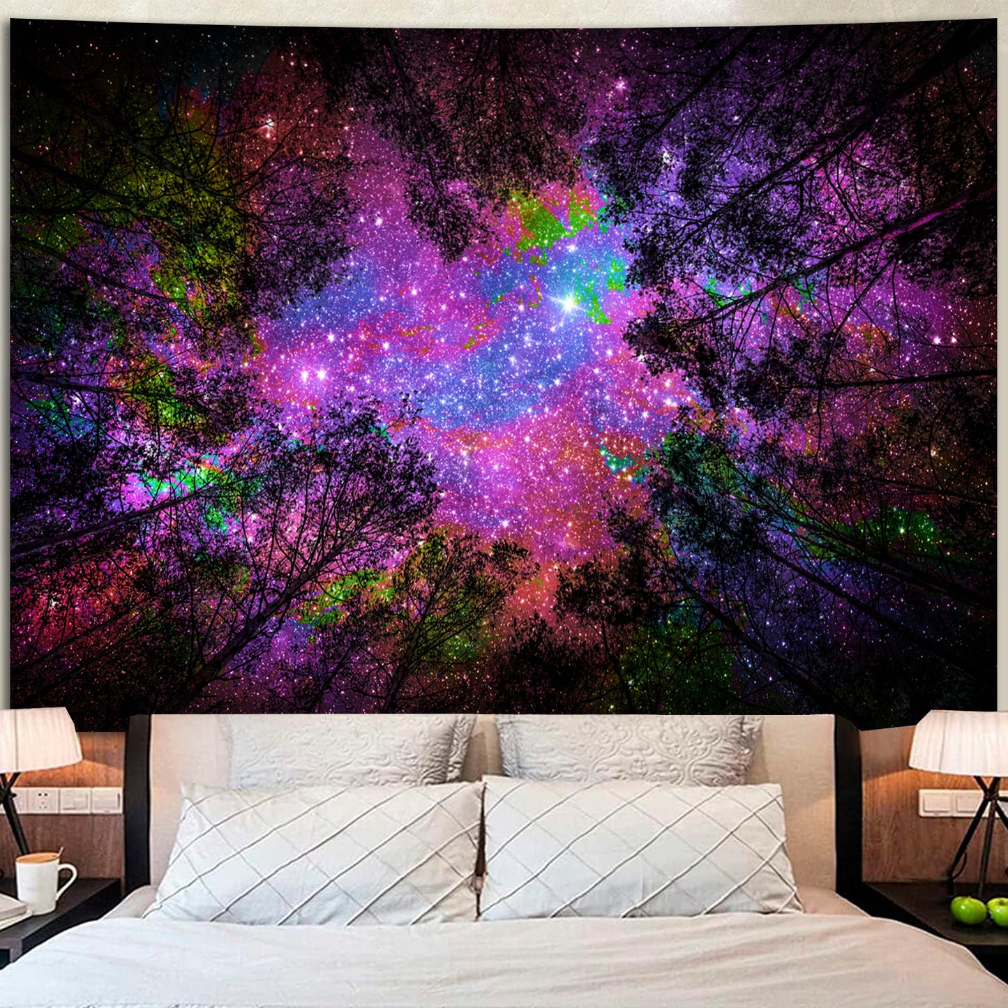 Simpkeely Blacklight Starry Sky Tapestry, Fantasy Forest Space Galaxy Night Nature Scenery Wall Hanging Tapestry, Aesthetic Landscape Wall Art Tapestries for Bedroom, Living Room
