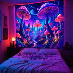 Simpkeely Blacklight Fantasy Mushroom Forest Tapestry – UV Reactive Glow in the Dark Galaxy Mushroom Art Decor Wall Hanging Tapestries for Bedroom, Living Room, Party