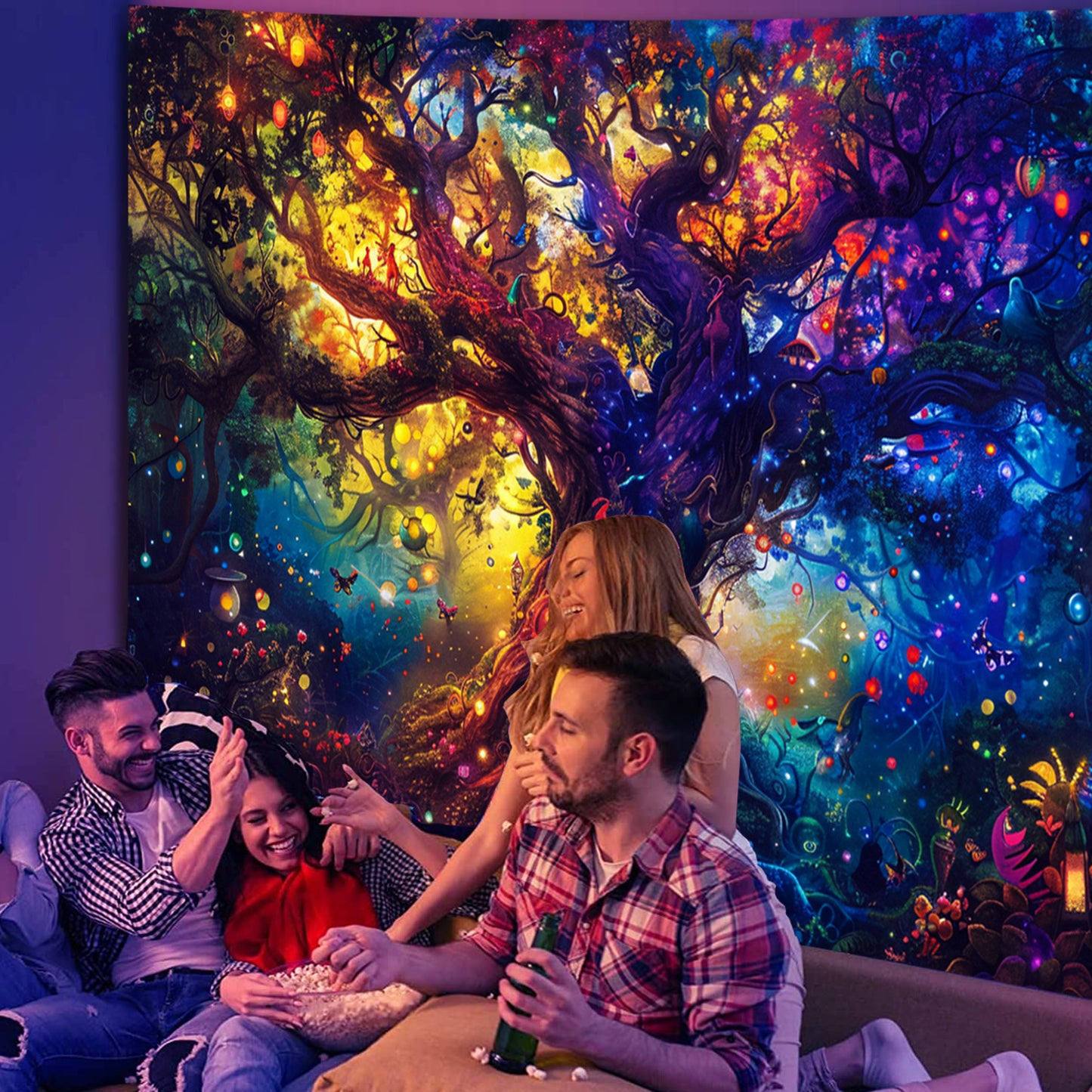 Simpkeely UV Reactive Tree of Life Blacklight Tapestry - Fantasy Forest Fairy Wall Hanging for Bedroom