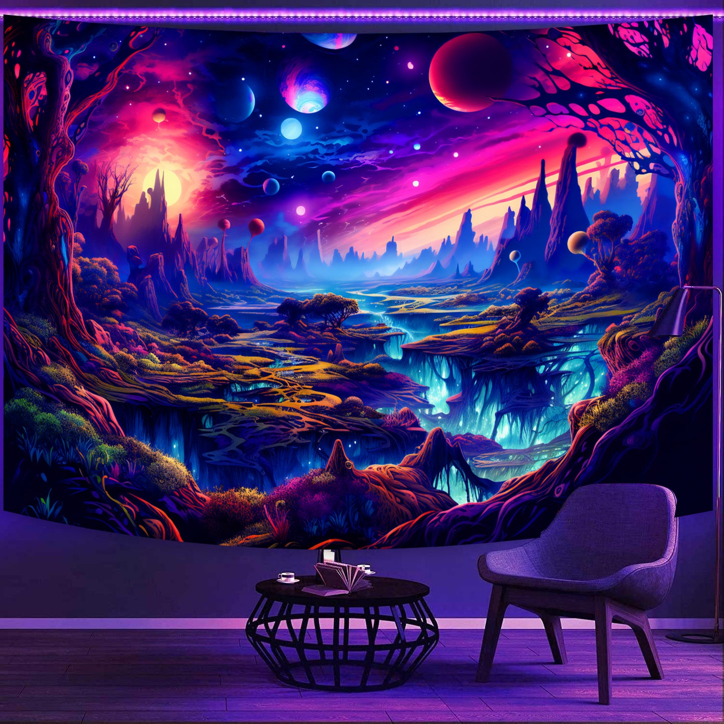 Simpkeely Fantasy Planet Tapestry Blacklight Landscape UV Reactive Galaxy Glowing Tapestries Wall Hanging